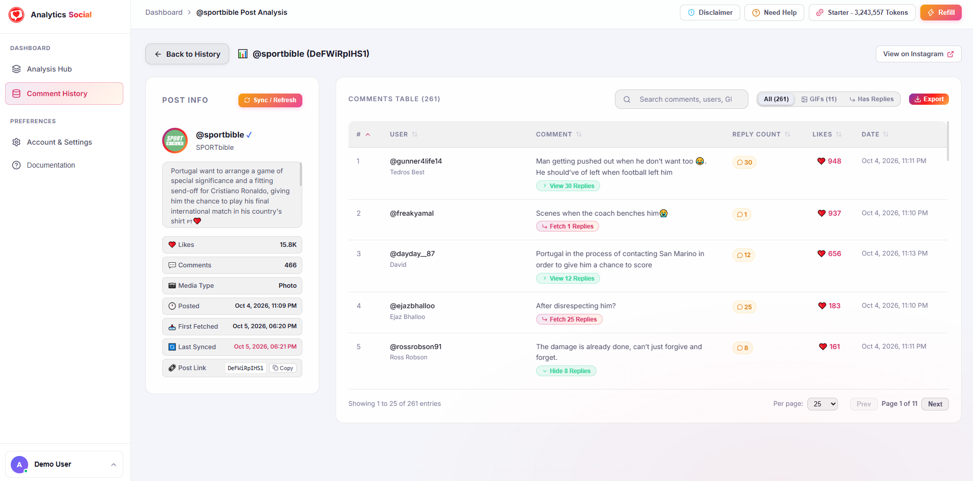 Analytics Social Interactive Comment Table