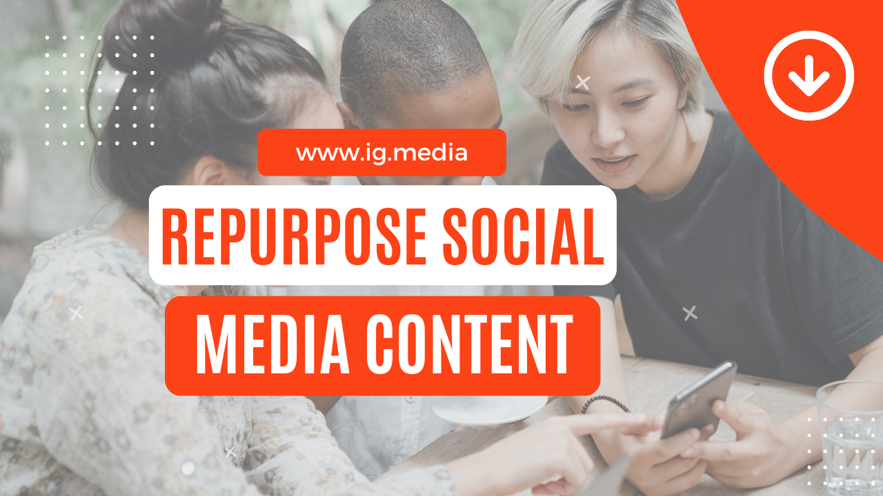 Concept of repurposing social media content across platforms, illustrated with people using mobile devices.